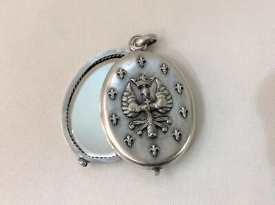 Ancien pendentif miroir Alérion Croix Lorraine Fleurs Lys Métal argenté Bijoux - Photo 1/4