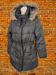 WOMENS CREW CLOTHING UK 10 BLACK FAUX FUR HOOD DOWN PADDED FITTED COAT JACKET - Picture 1 of 7