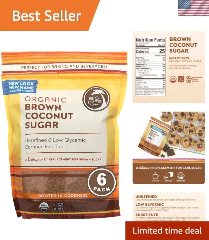 Adoçante de flor de coco não refinado - Substituto orgânico de açúcar mascavo, 6 x 16 oz - Imagem 1 de 4