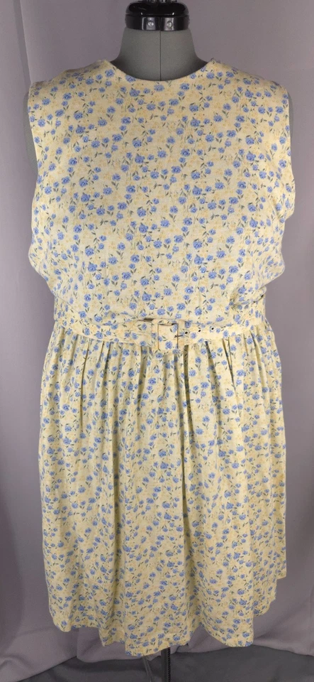 Vtg Dress Women 1X 20W  Yellow Blue Floral Belted Light Flannel Cottagecore Midi - Image 1 of 4