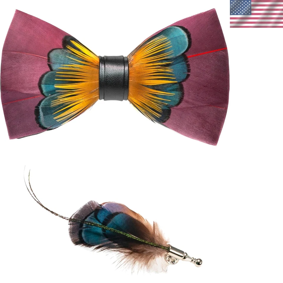 Eco-Friendly Handmade Feather Bow Tie Set with Brooch - Special Occasion Ready Foto 1 de 4