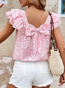 Women’s Vacation Ditsy Floral Puff Sleeve Blouse,Casual Ruffle Top,Bowknot Back - Picture 1 of 45