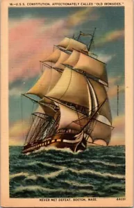 Vintage Postcard Ship Boat Sailing Never Met Defeat Boston MA 1939 Constitution - Picture 1 of 2