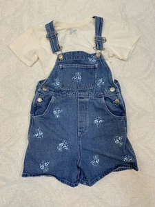 Vtg Young Hearts Girl Sz 6 Shorts Shirt Denim Overalls Outfit Floral Embroidery - Picture 1 of 8