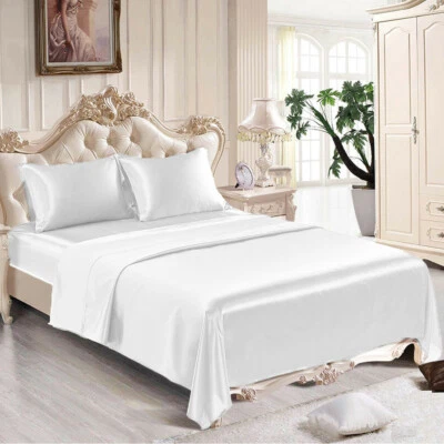 4 Pcs Smooth Satin Silk Sheet Set Deep Pocket Bed Sheet Wrinkle Fade Resistant - Image 1 of 4