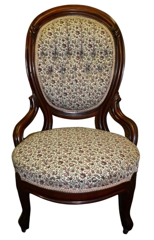Antique Victorian Carved Walnut Tufted Parlor Chair w/Floral Fabric & Castors Cover