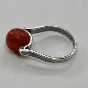Red Coral Stone Solitaire Sphere Tension Set Silver Tone Modernist Ring Size 8 - Picture 1 of 7