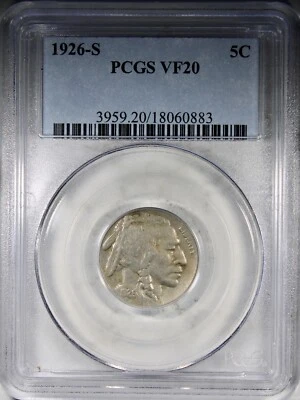 1926-S Buffalo Nickel PCGS VF20 KEY DATE 5C Low Grade - Image 1 of 2