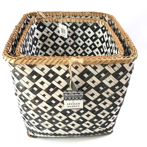 Artisan Market Square Bamboo Baskets Set of 2 Black White Diagonal Weave Cover