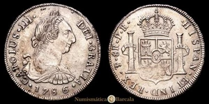 Carlos III 8 Reales (26,72g) 1786/5 Potosí Ensayador P·R Aureo y Calico-1191 - Picture 1 of 3