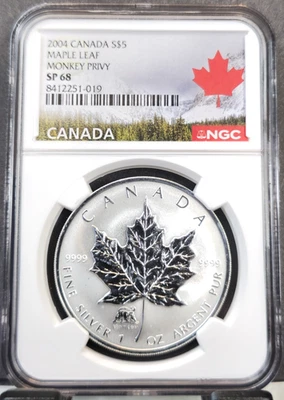 2004 CANADA SILVER 5 DOLLARS MAPLE LEAF MONKEY PRIVY NGC SP 68 RARE TOP POP - Image 1 of 3