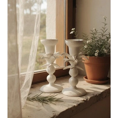 Anthropologie Candle Holder set 2 NEW Laia Abstract Botanical Ceramic 6.75"x3.5" - Image 1 of 4