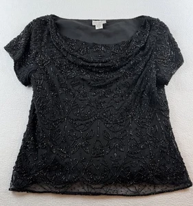 Paradise NY schwarz Perlen transparent Kurzarm Seide drapierter Ausschnitt Bluse XL - Bild 1 von 10