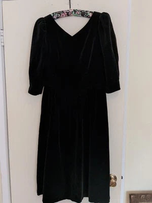 Vintage Lanz Petite 10P Velvet Fit Flare Black Velvet Dress Puff Sleeve 80s/50s - Image 1 of 4