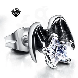 Silver stud clear crystal earring angel wings star SINGLE soft gothic - Picture 1 of 1
