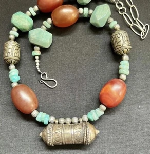 Nepalese Tibetan repousse Hirz & Amazonite with Carnelian Prayer Box Necklace. - Picture 1 of 15