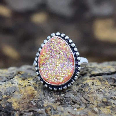 Rosa Titan Druzy Edelstein Handgefertigter Ethnischer Silberring Größe 7 RSLS240 - Bild 1 von 4