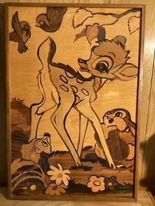 Bambi Marquetry Wood Inlay Vintage 1976 Disney Art Italian craftsmanship - Picture 1 of 7