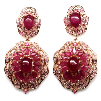 Gemstone Red Pink Ruby & Pink Sapphire Earrings 925 Silver Rose Gold Coated - Image 1 of 4