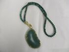 LOVELY GREEN STONE BEAD NECKLACE w LARGE "SLICE" NATURAL GREEN AGATE PENDANT