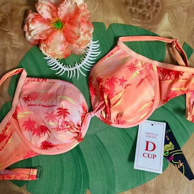 NUEVO CON ETIQUETAS-TOP DE BIKINI VINTAGE AÑOS 80 CALIFORNIA WAVE CORAL TROPICAL BAJO ALAMBRE- COPA XL/D Foto 1 de 4