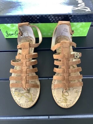 SAM EDELMAN Donna 棕褐色皮革麂皮绒角斗士凉鞋软木女式 5 码 — 第 1/4 张图片