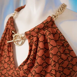 MICHAEL KORS Orange Black Gold Chain Polyeste Blend Women Halter Tank Top Size L - Picture 1 of 12