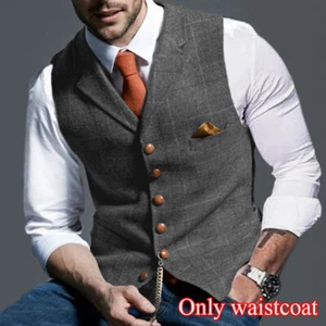 Men Retro Tweed Waistcoat Wool Blend Formal Plaid Herringbone Suit Vest Slim - Picture 1 of 16