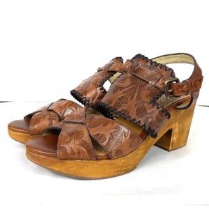 Patricia Nash Viola Brown Floral Printed Leather Wood Block Heel Sandals Sz 10 - Bild 1 von 9