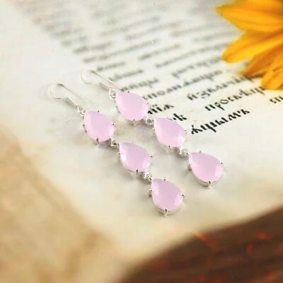 Encantadores pendientes colgantes de cuarzo rosa con piedras preciosas enchapados en plata joyería 2,5" Foto 1 de 3