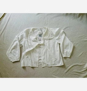 Primark White Blouse 100% Cotton Embroidered Peter Pan Collar Puff Sleeve Top L - Picture 1 of 3