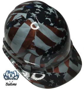 Hydro Dipped Hard Hat Cap Style Slate Gray American Flags 6 Point Harness - Picture 1 of 7
