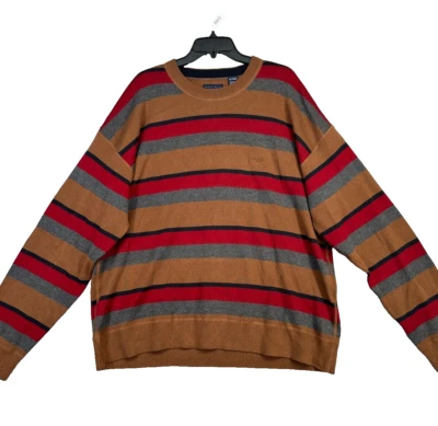 PERRY ELLIS Sweater Mens XL BRown Striped Crew Neck Cottong NWT $89 - Image 1 of 4
