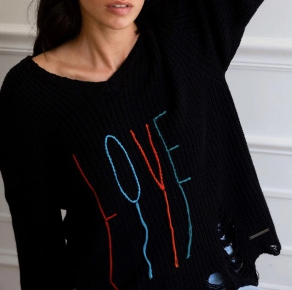 Peace love world Destructed Affirmation Vneck Sweater distressed gently preloved - Image 1 of 4
