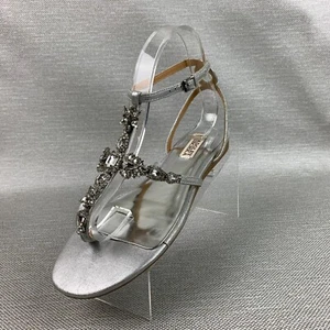 Badgley Mischka Sandals Silver Leather Crystal T-Strap Ankle Buckle Flats Sz 8M - Picture 1 of 12