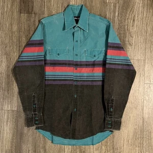 Vintage Wrangler Brushpopper Size 15 34 Teal Striped Aztec Western Print Shirt - Picture 1 of 10