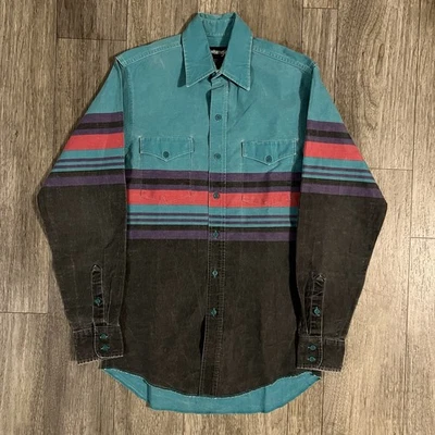 Vintage Wrangler Brushpopper Size 15 34 Teal Striped Aztec Western Print Shirt - Image 1 of 4