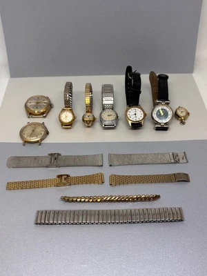 Lote de 8 relojes de pulsera vintage de 4 correas que no funcionan Timex Caravelle Felca Ingraham Foto 1 de 4