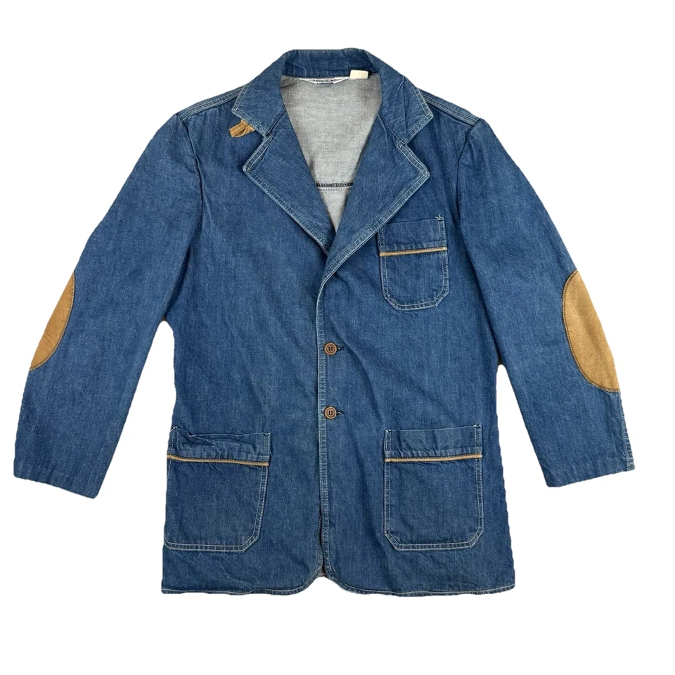 Chaqueta vaquera Outlooks azul años 70 de colección para mujer talla L parches en el codo hebilla a medida EE. UU. Foto 1 de 4