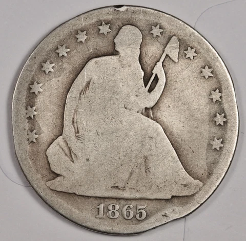 1865-s Seated Liberty Half.  Error.  Big Die Crack Reverse Under HALF DO  178220 Cover