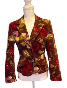 Vintage Floral Velour Tapestry Maroon Two Button Blazer Jacket Women’s Size XS - Picture 1 of 11