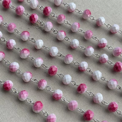 Cadena Eyepin de plata rosario con cuentas de cristal blanco rosa brillante 8 mm Q2 pies por paquete Foto 1 de 3