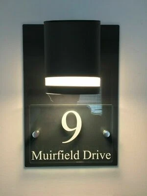 MODERN HOUSE SIGN PLAQUE DOOR NUMBER STREET GLASS EFFECT DARK GREY SOLAR LIGHT - Image 1 of 3