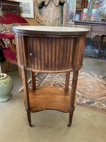 Early 19th Century French Oval Fruitwood Marble Top Side Table w/ Tambour Door Cover