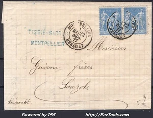 FRANCE PAIRE N° 78 SUR LETTRE POUR POUZOLS CAD DE MONTPELLIER DU 22/11/1877 - Picture 1 of 2