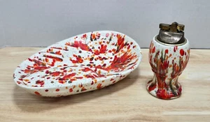 Vintage Desk Lighter and Ashtray Pottery Drip Glaze Orange Red Splatter Speckle - Picture 1 of 20