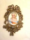 Vintage Metal Bow Roses Plaque Porcelain Center French Lady 2 3/8 x 4 1/8 In.
