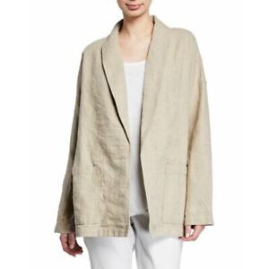 Eileen Fisher Organic Linen Jacket Tan Open Front Shawl Pockets Long Sleeve Sz M
