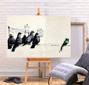 BANKSY RACIST PIGEONS- DEEP FRAMED CANVAS WALL ART GRAFFITI PRINT- BLACK CREAM - Picture 1 of 3