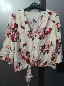 Red Herring Bohemian Red Floral Blouse UK16 EU44 US12 Tie Front Flare Sleeve Top - Picture 1 of 10